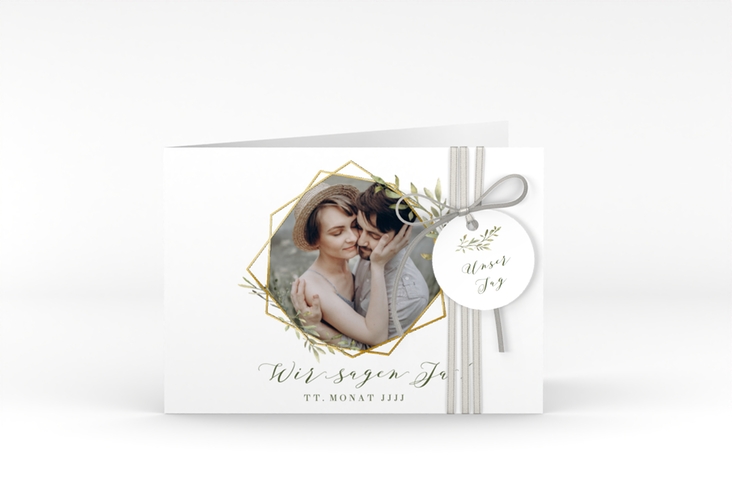 Hochzeitseinladung Acacia A6 Klappkarte quer weiss gold