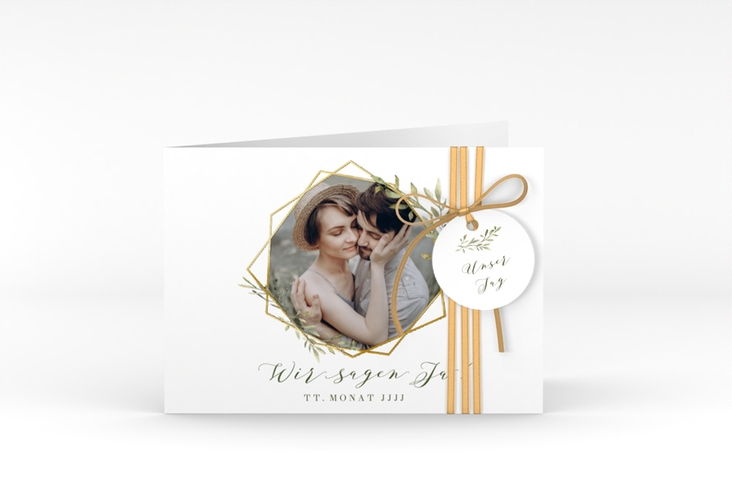 Hochzeitseinladung Acacia A6 Klappkarte quer weiss gold