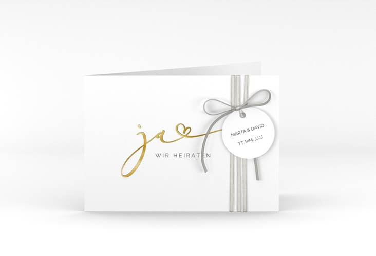 Hochzeitseinladung Jawort A6 Klappkarte quer weiss gold modern minimalistisch mit veredelter Aufschrift