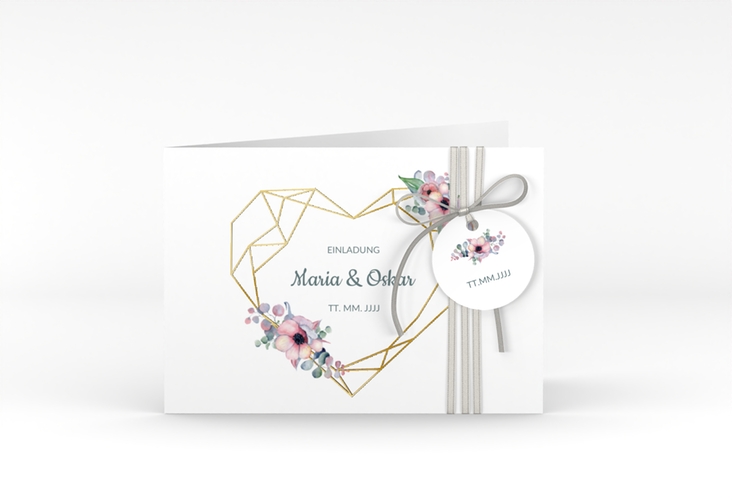 Hochzeitseinladung Herzgold A6 Klappkarte quer weiss gold