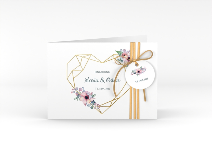Hochzeitseinladung Herzgold A6 Klappkarte quer weiss gold