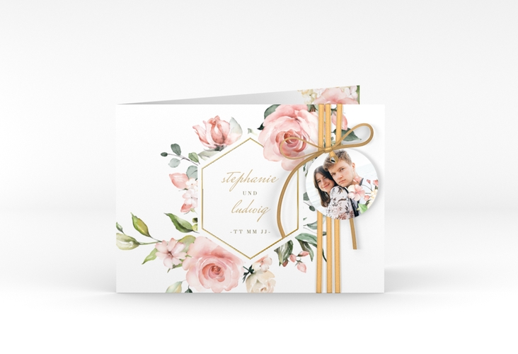 Einladung Hochzeit Graceful A6 Klappkarte quer weiss gold mit Rosenblüten in Rosa und Weiß