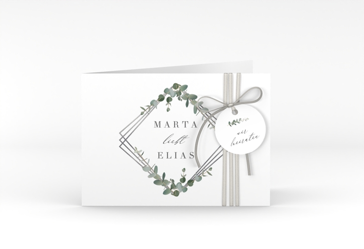 Hochzeitseinladung Eukalyptus A6 Klappkarte quer weiss silber