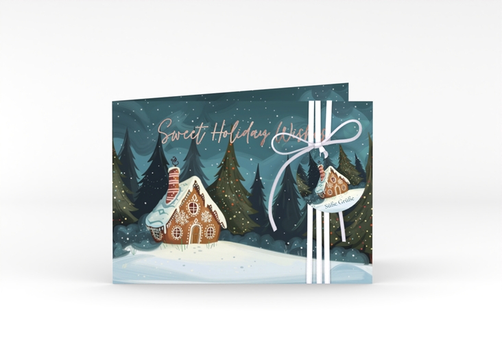 Weihnachtskarte Knusperhaus A6 Klappkarte quer tuerkis rosegold mit Lebkuchenhaus im Winterwald
