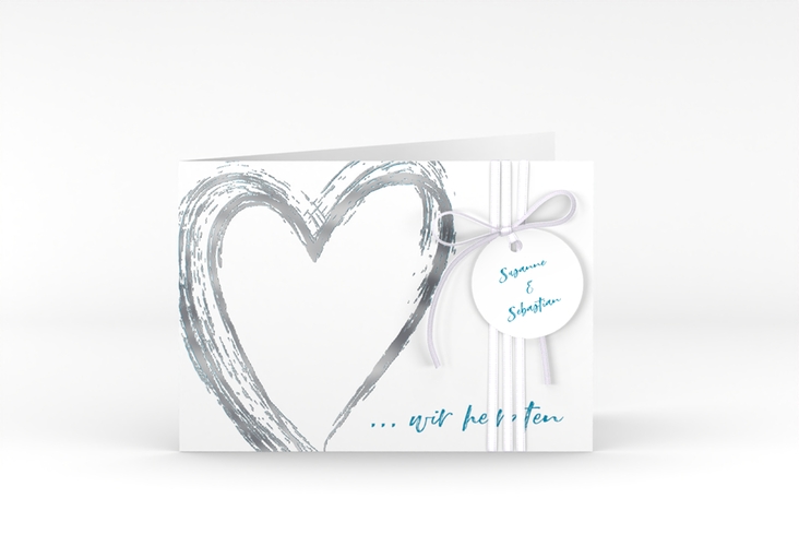 Hochzeitseinladung Liebe A6 Klappkarte quer tuerkis silber