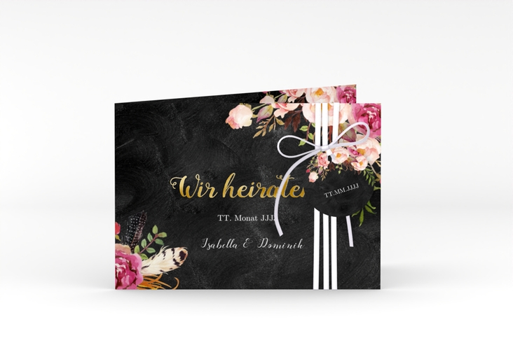 Hochzeitseinladung Flowers A6 Klappkarte quer schwarz gold mit bunten Aquarell-Blumen