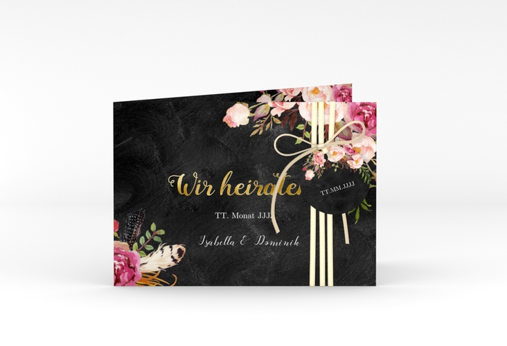 Hochzeitseinladung Flowers A6 Klappkarte quer schwarz gold mit bunten Aquarell-Blumen