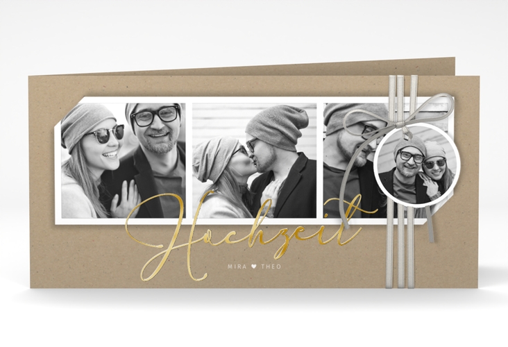Hochzeitseinladung Crafty lange Klappkarte quer Kraftpapier gold mit drei Fotos
