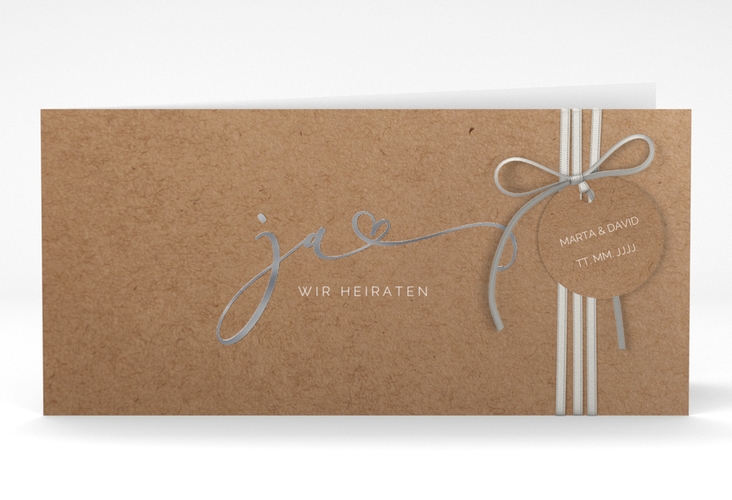 Hochzeitseinladung Jawort lange Klappkarte quer Kraftpapier silber modern minimalistisch mit veredelter Aufschrift