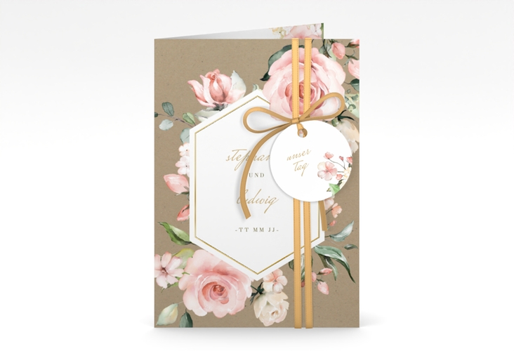 Einladungskarte Hochzeit Graceful A6 Klappkarte hoch Kraftpapier gold mit Rosenblüten in Rosa und Weiß