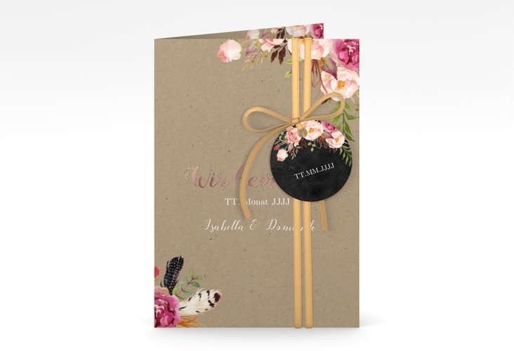 Einladungskarte Hochzeit Flowers A6 Klappkarte hoch Kraftpapier rosegold mit bunten Aquarell-Blumen