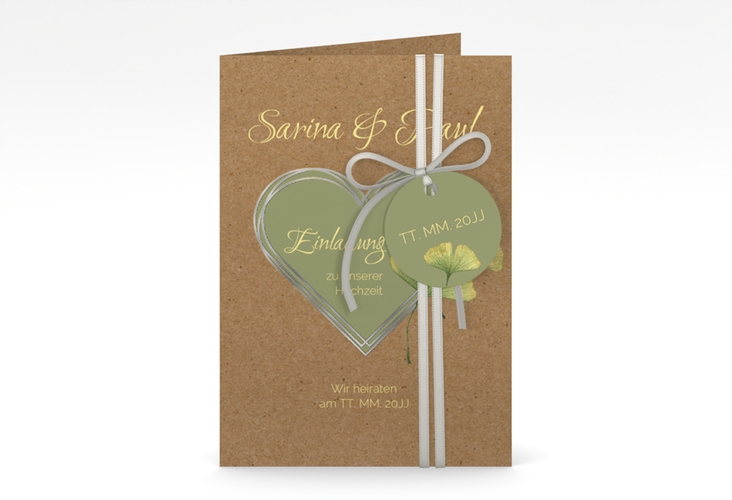 Einladungskarte Hochzeit Ginko A6 Klappkarte hoch Kraftpapier silber mit Herz und zwei Ginkgo-Blättern