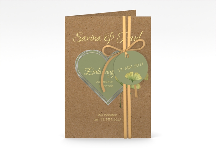 Einladungskarte Hochzeit Ginko A6 Klappkarte hoch Kraftpapier silber mit Herz und zwei Ginkgo-Blättern