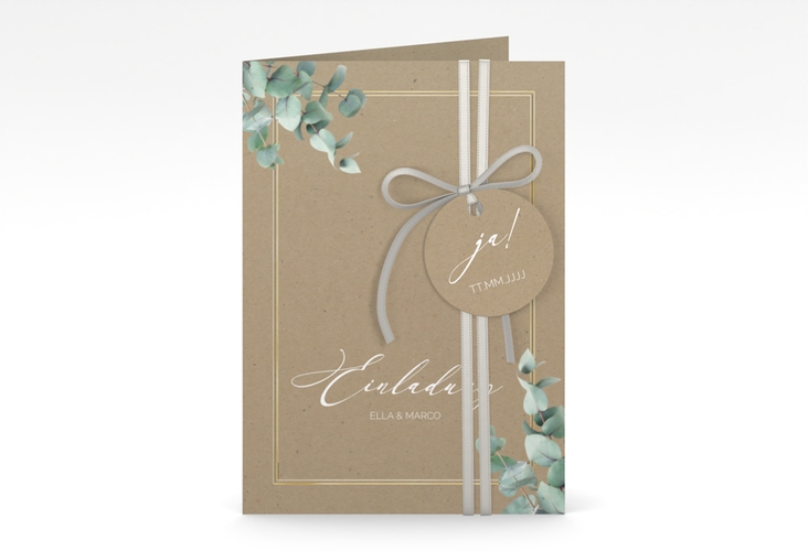 Einladungskarte Hochzeit Eucalypt A6 Klappkarte hoch Kraftpapier gold mit Eukalyptus und edlem Rahmen