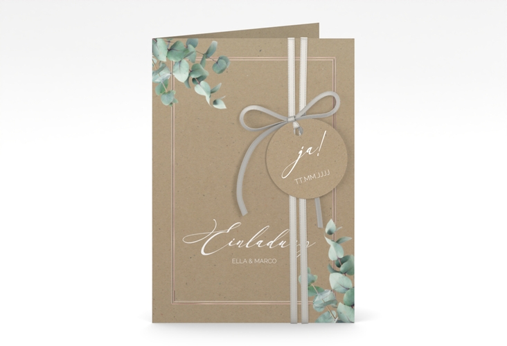 Einladungskarte Hochzeit Eucalypt A6 Klappkarte hoch Kraftpapier rosegold mit Eukalyptus und edlem Rahmen
