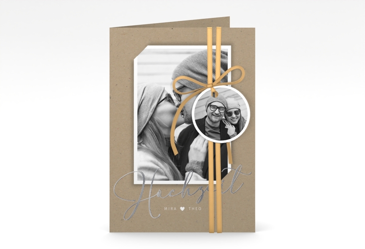 Einladungskarte Hochzeit Crafty A6 Klappkarte hoch Kraftpapier silber mit Foto des Brautpaars
