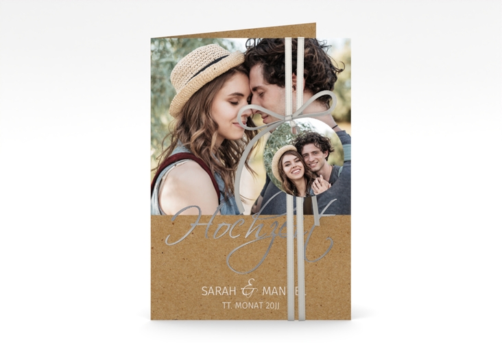 Einladungskarte Hochzeit Big Picture A6 Klappkarte hoch Kraftpapier silber mit Foto des Brautpaars