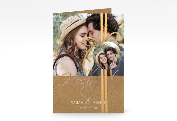 Einladungskarte Hochzeit Big Picture A6 Klappkarte hoch Kraftpapier rosegold mit Foto des Brautpaars
