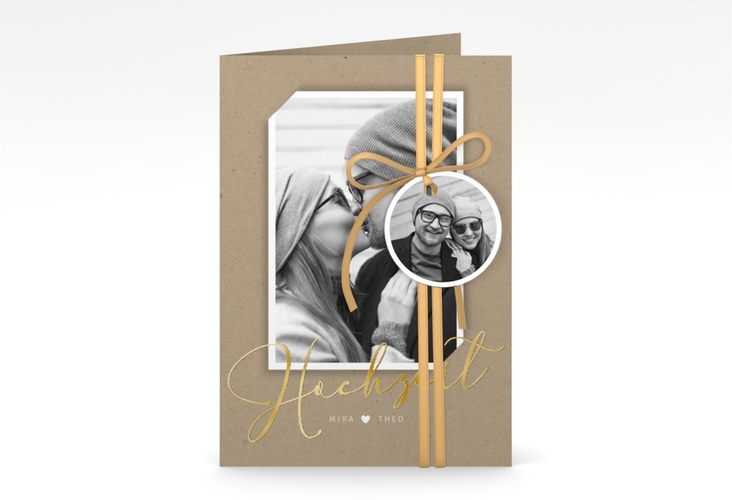 Einladungskarte Hochzeit Crafty A6 Klappkarte hoch Kraftpapier gold mit Foto des Brautpaars