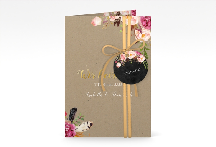 Einladungskarte Hochzeit Flowers A6 Klappkarte hoch Kraftpapier gold mit bunten Aquarell-Blumen