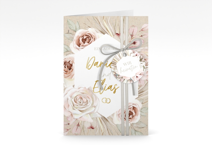 Einladungskarte Hochzeit Bohorose A6 Klappkarte hoch Kraftpapier gold