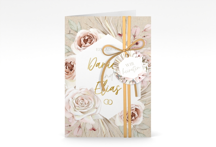 Einladungskarte Hochzeit Bohorose A6 Klappkarte hoch Kraftpapier gold