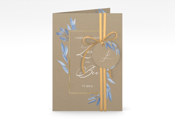 Einladungskarte Hochzeit Classicblue A6 Klappkarte hoch Kraftpapier gold