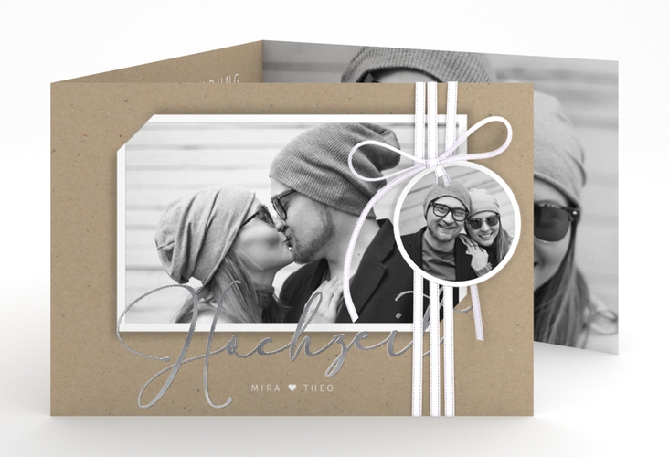 Hochzeitseinladung Crafty A6 Doppel-Klappkarte Kraftpapier silber mit Schwarzweiß-Foto
