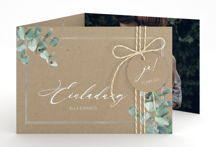 Hochzeitseinladung Eucalypt A6 Doppel-Klappkarte Kraftpapier silber mit Eukalyptus und edlem Rahmen