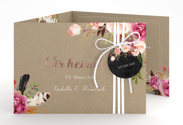 Hochzeitseinladung Flowers A6 Doppel-Klappkarte Kraftpapier rosegold mit bunten Aquarell-Blumen