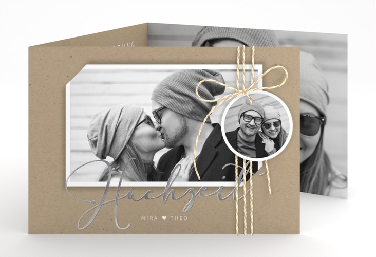 Hochzeitseinladung Crafty A6 Doppel-Klappkarte Kraftpapier silber mit Schwarzweiß-Foto