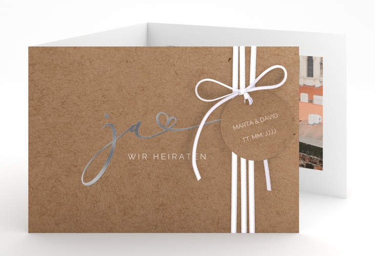 Hochzeitseinladung Jawort A6 Doppel-Klappkarte Kraftpapier silber modern minimalistisch mit veredelter Aufschrift