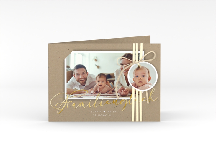 Geburtskarte Familienzuwachs A6 Klappkarte quer Kraftpapier gold