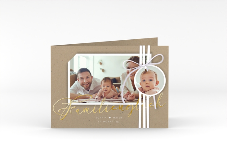 Geburtskarte Familienzuwachs A6 Klappkarte quer Kraftpapier gold