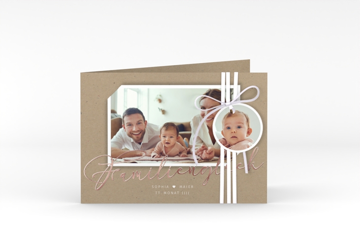 Geburtskarte Familienzuwachs A6 Klappkarte quer Kraftpapier rosegold