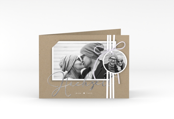 Hochzeitseinladung Crafty A6 Klappkarte quer Kraftpapier silber mit Foto