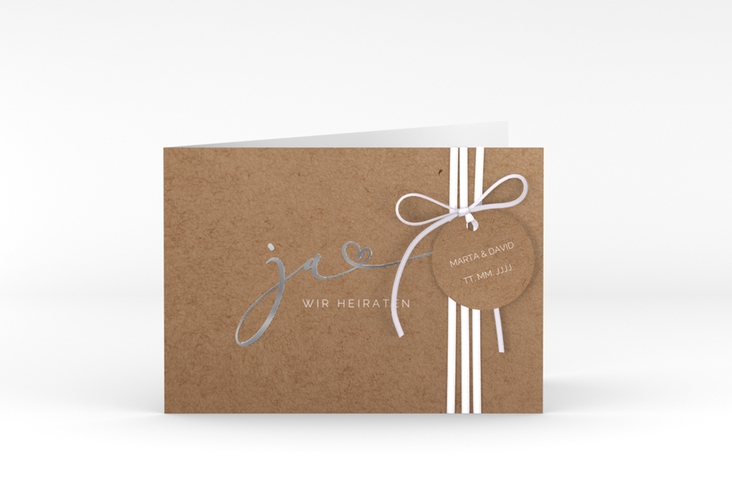 Hochzeitseinladung Jawort A6 Klappkarte quer Kraftpapier silber modern minimalistisch mit veredelter Aufschrift