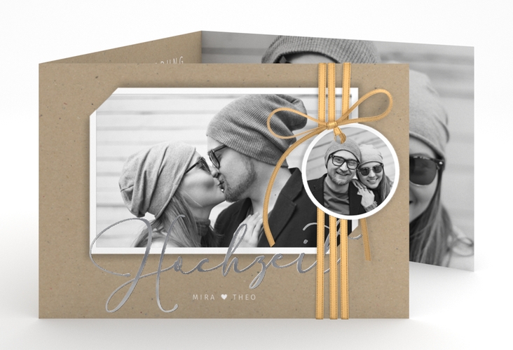 Hochzeitseinladung Crafty A6 Doppel-Klappkarte Kraftpapier silber mit Schwarzweiß-Foto