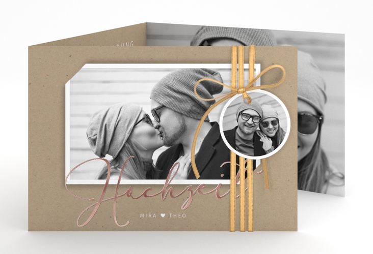 Hochzeitseinladung Crafty A6 Doppel-Klappkarte Kraftpapier rosegold mit Schwarzweiß-Foto