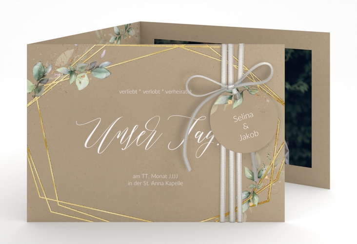 Hochzeitseinladung Greenish A6 Doppel-Klappkarte Kraftpapier gold