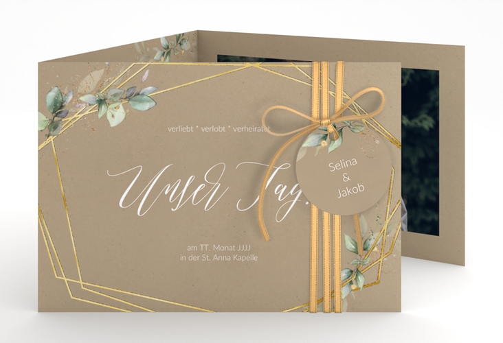 Hochzeitseinladung Greenish A6 Doppel-Klappkarte Kraftpapier gold