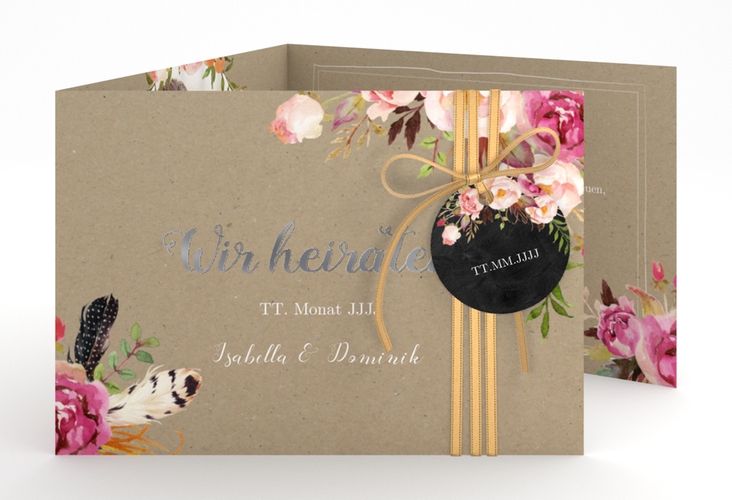 Hochzeitseinladung Flowers A6 Doppel-Klappkarte Kraftpapier silber mit bunten Aquarell-Blumen