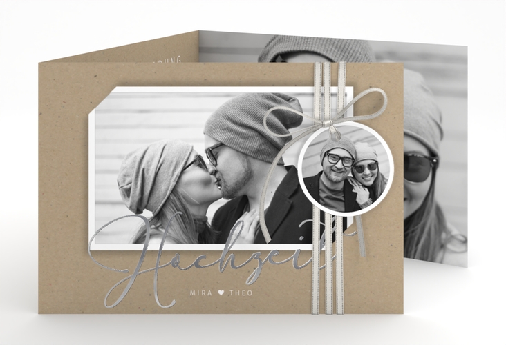 Hochzeitseinladung Crafty A6 Doppel-Klappkarte Kraftpapier silber mit Schwarzweiß-Foto