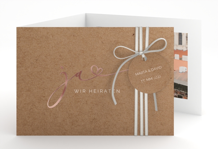 Hochzeitseinladung Jawort A6 Doppel-Klappkarte Kraftpapier rosegold modern minimalistisch mit veredelter Aufschrift