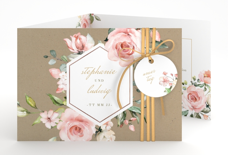 Hochzeitseinladung Graceful A6 Doppel-Klappkarte Kraftpapier rosegold mit Rosenblüten in Rosa und Weiß