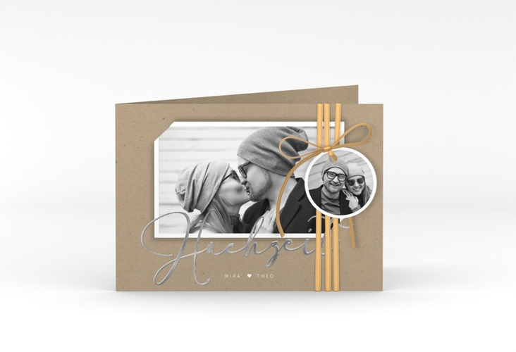 Hochzeitseinladung Crafty A6 Klappkarte quer Kraftpapier silber mit Foto