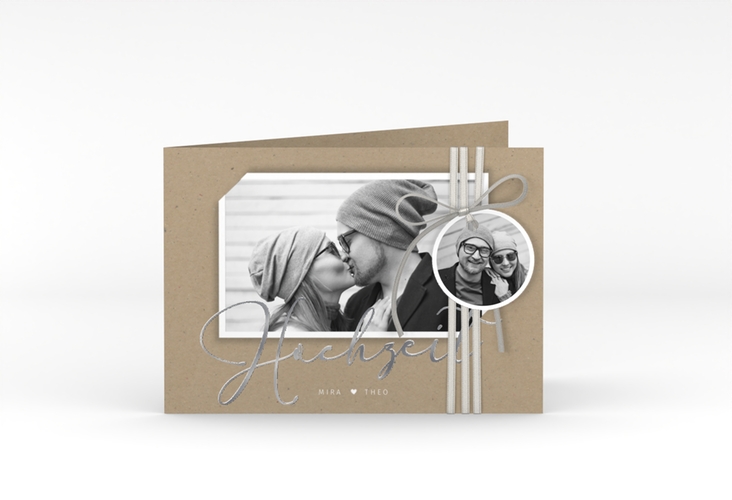 Hochzeitseinladung Crafty A6 Klappkarte quer Kraftpapier silber mit Foto