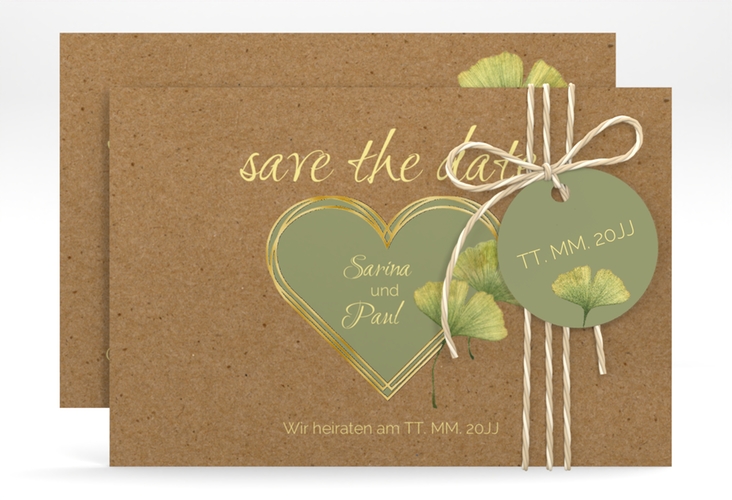 Save the Date-Karte Ginko A6 Karte quer gold mit Herz und zwei Ginkgo-Blättern