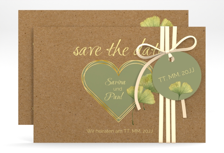 Save the Date-Karte Ginko A6 Karte quer gold mit Herz und zwei Ginkgo-Blättern