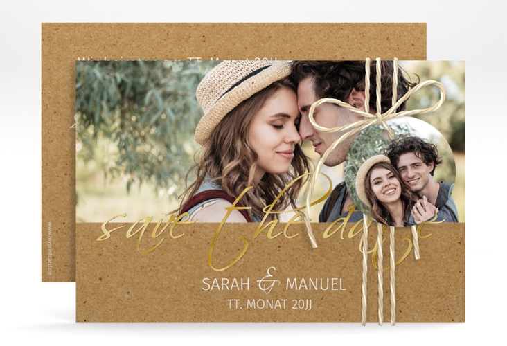 Save the Date-Karte Big Picture A6 Karte quer gold mit Foto des Brautpaars